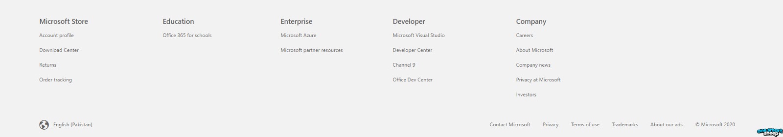 Rodaper do site da Microsoft
