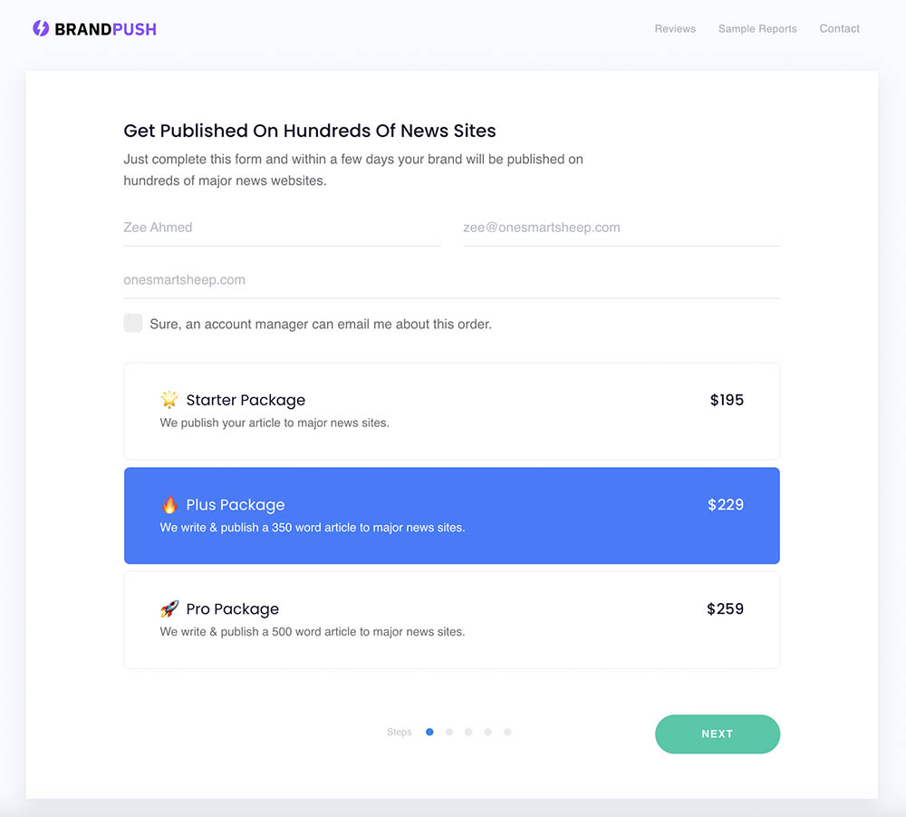 Formulário de pedido BrandPush mostrando campos de informações comerciais