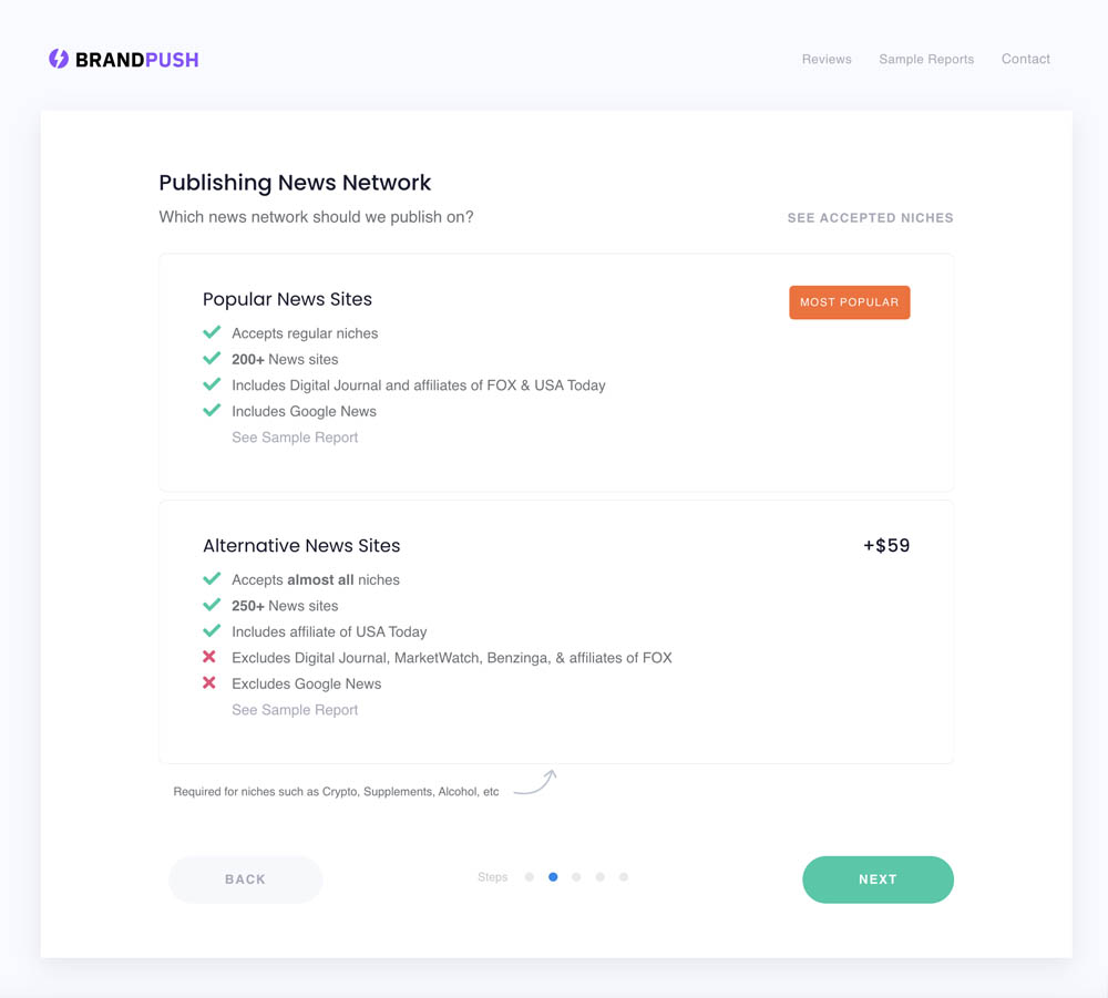 Seleção de rede BrandPush mostrando redes de notícias populares e alternativas