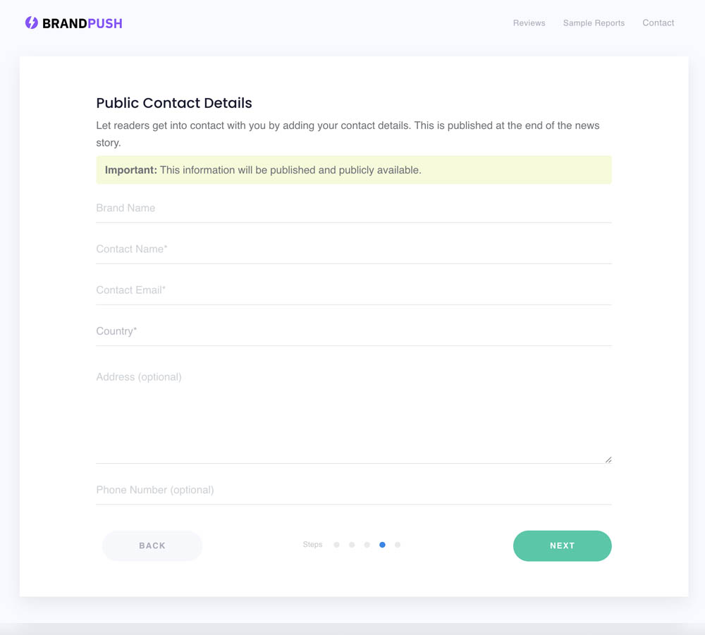 Formulário de detalhes de contato público BrandPush