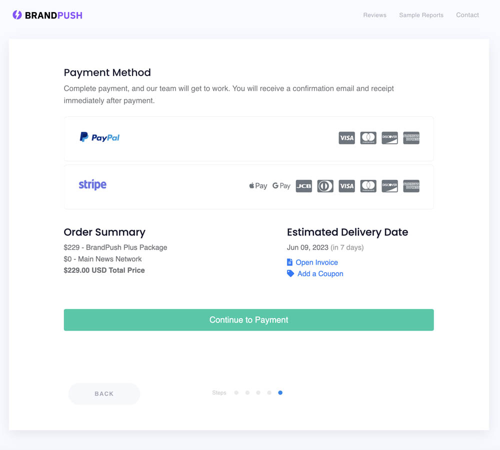 Opções de pagamento BrandPush mostrando PayPal e Stripe